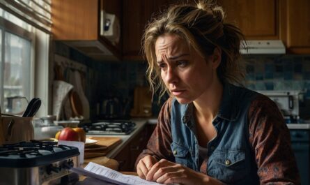 A_woman_sits_in_her_kitchen_grimacing_as_she